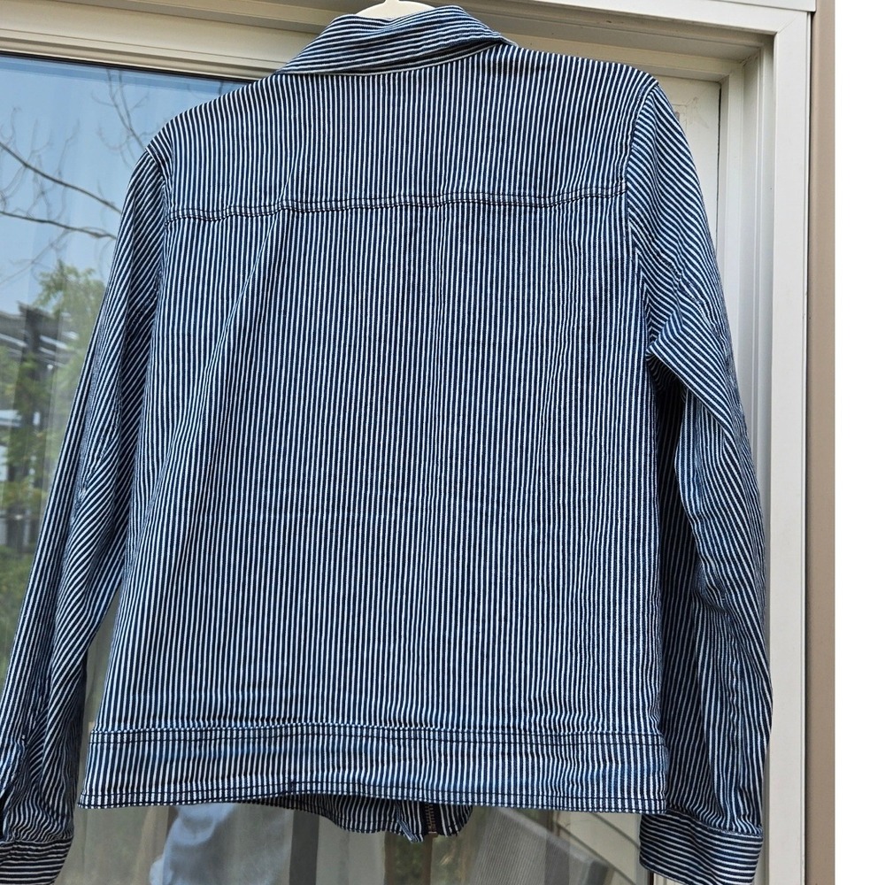 Christopher & Banks Blue White Striped Zip Utility Denim Jacket Womens Large - Picture 5 of 8